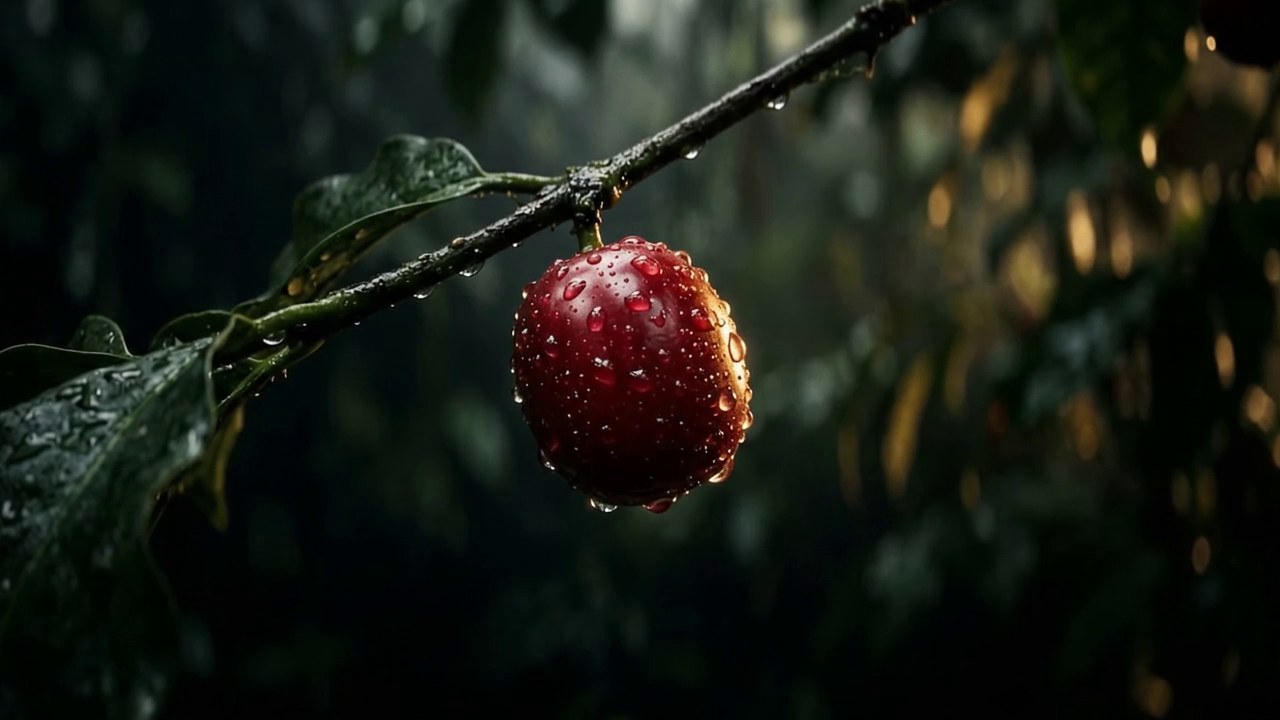 A single glowing coffee cherry in jungle mist