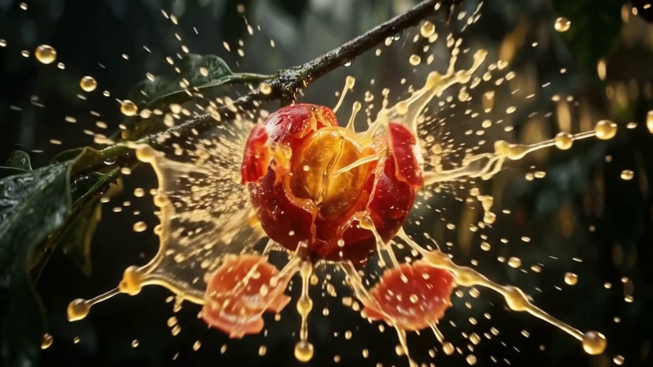 A coffee cherry bursting with golden nectar