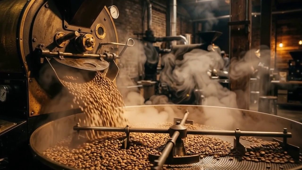 A brass drum roaster pouring ember-like beans