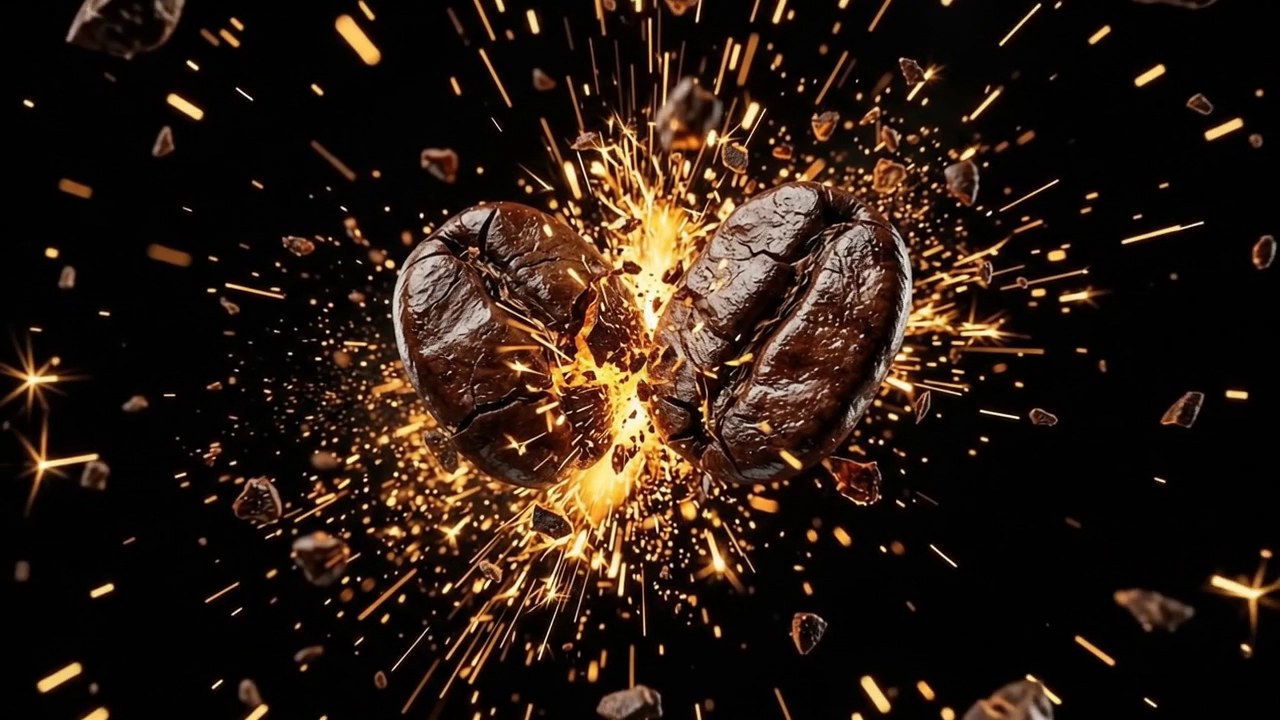 Roasted beans falling through gold sparks