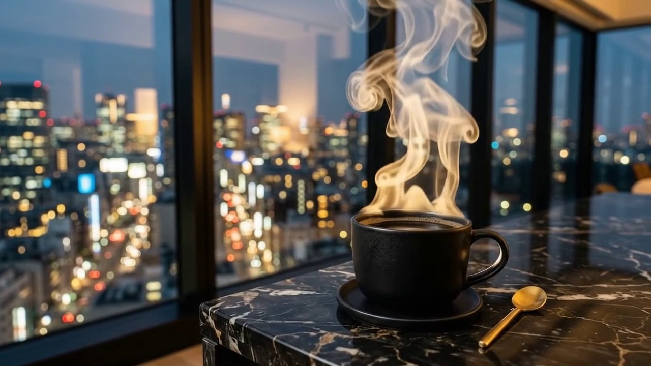 Black cup on marble with a city at dusk